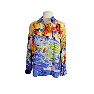Michael Leu Silk Watercolor Marina Landscape Art to Wear Blouse
